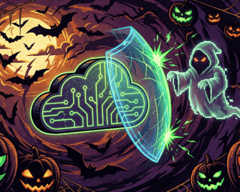 Cybersecurity and cloud data protection concept with Halloween spooky elements.