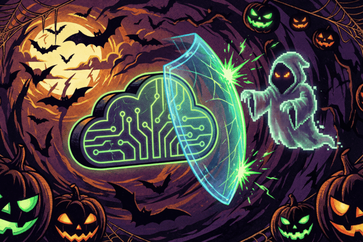Cybersecurity and cloud data protection concept with Halloween spooky elements.