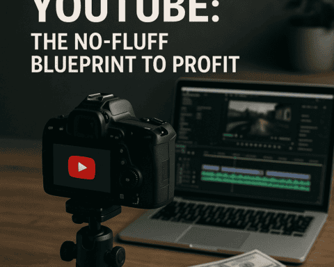 Camera and laptop setup for faceless YouTube content creation and monetization strategies.