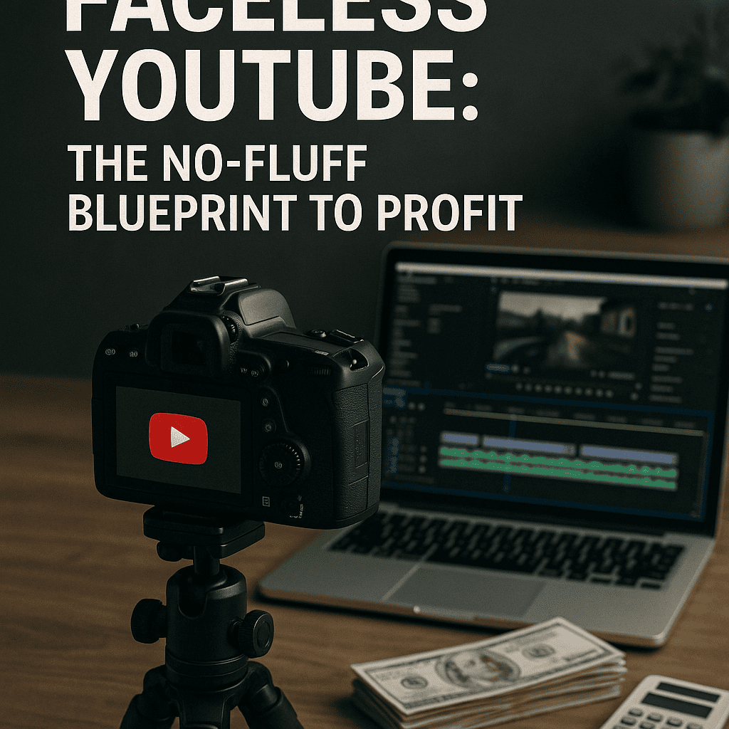 Camera and laptop setup for faceless YouTube content creation and monetization strategies.