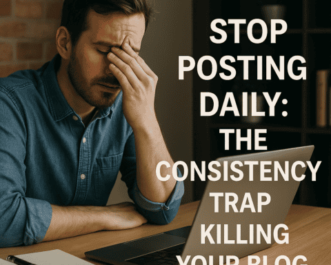 Frustrated man holding his head while working on a laptop about blog consistency issues.