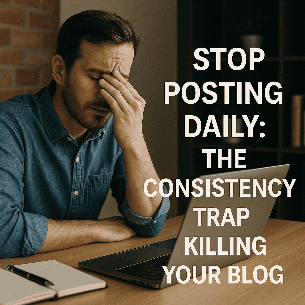 Frustrated man holding his head while working on a laptop about blog consistency issues.