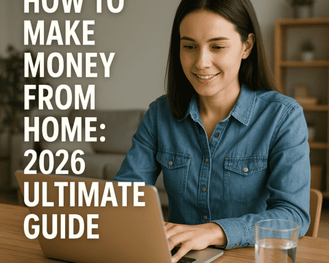 Woman working on laptop at home with guide for making money in 2026.