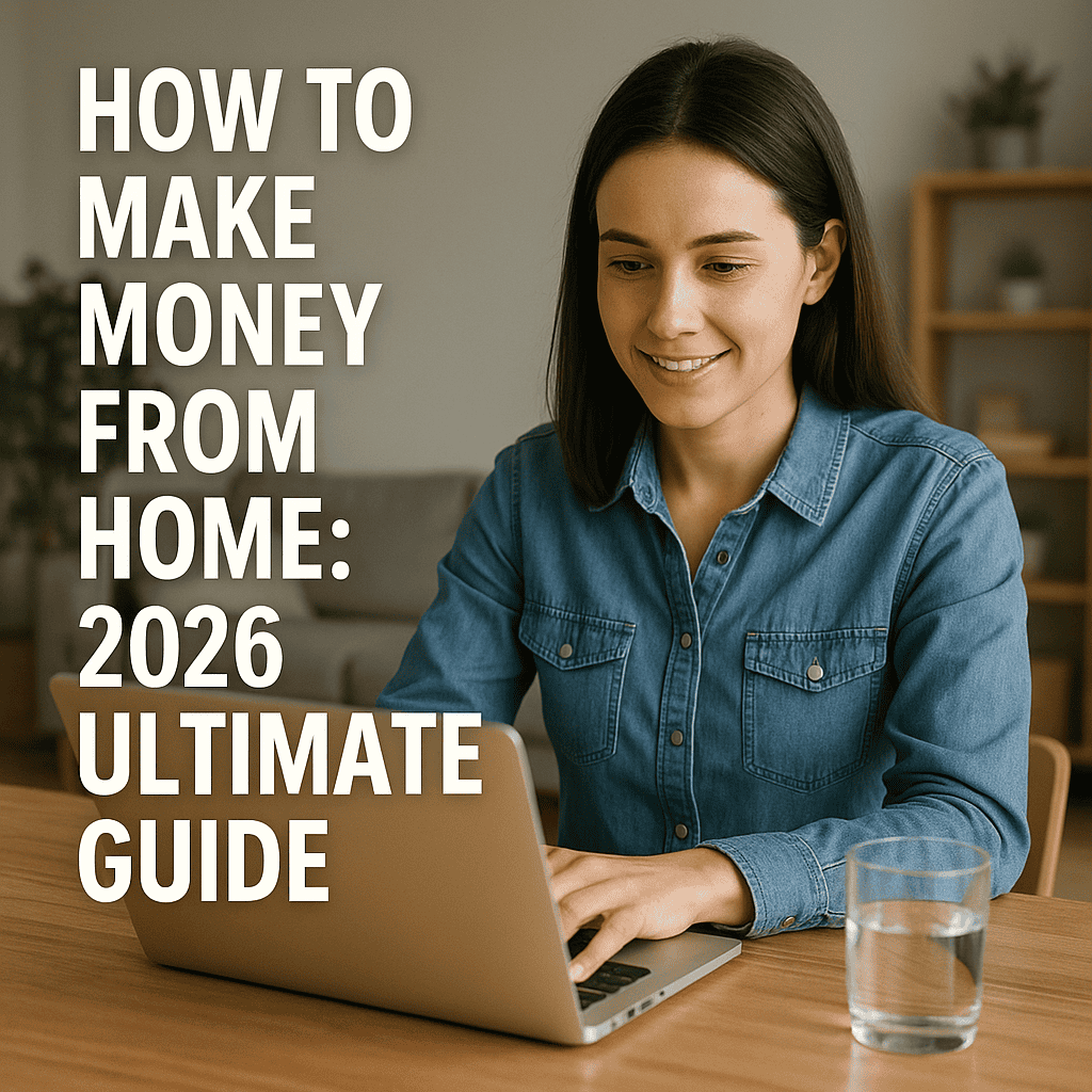 Woman working on laptop at home with guide for making money in 2026.