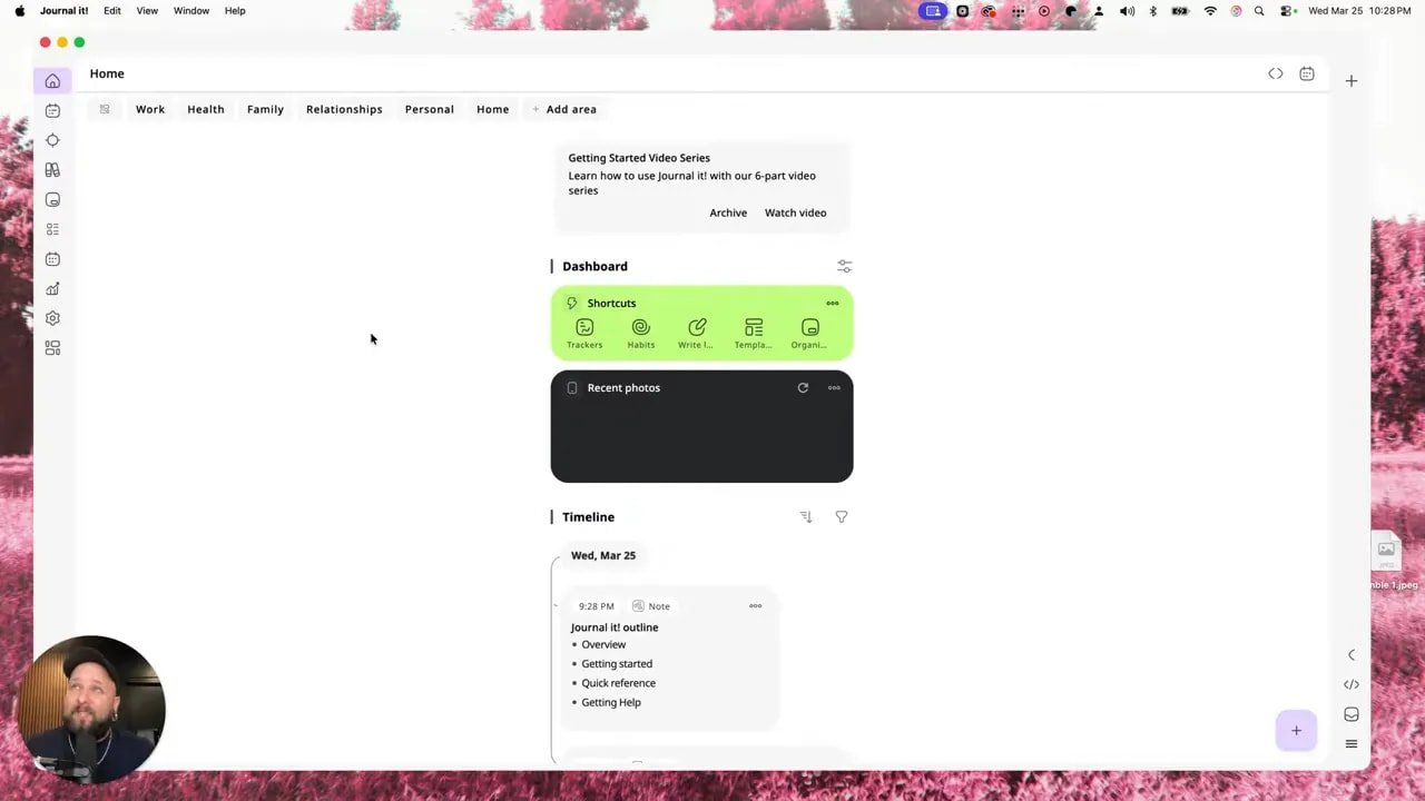 Journal it! dashboard overview with Areas navigation and Timeline section