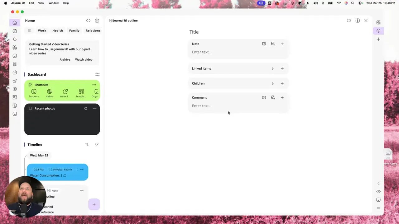 Journal it! note editor showing title, linked items, children, and comment sections