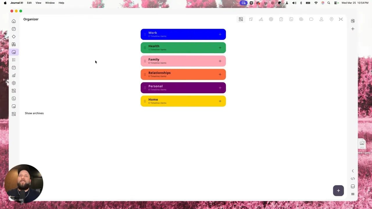 Journal it! Organizer screen listing areas like Work, Health, Family, Relationships, Personal, and Home