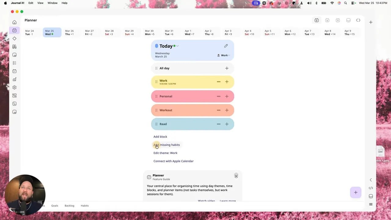 Journal it! planner view for Today with category sections and calendar connection options