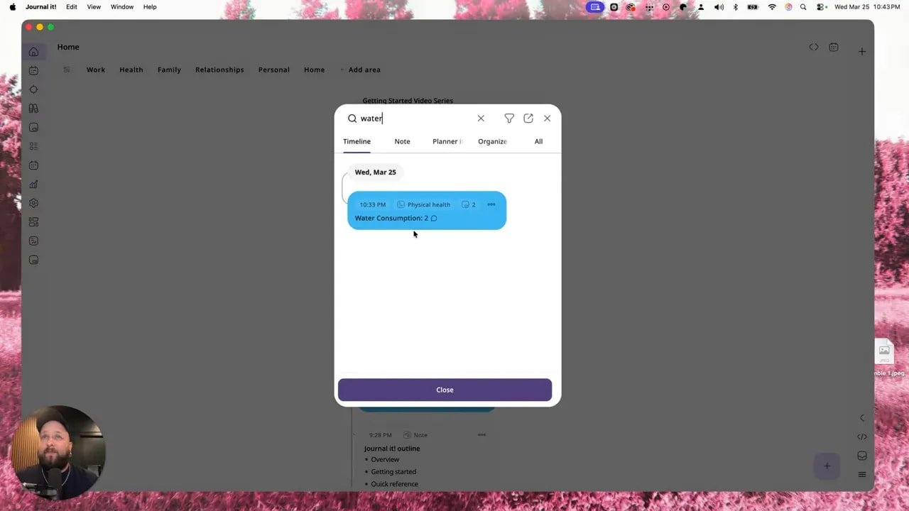 Journal it! search results displaying a timeline entry for water consumption on Wed, Mar 25