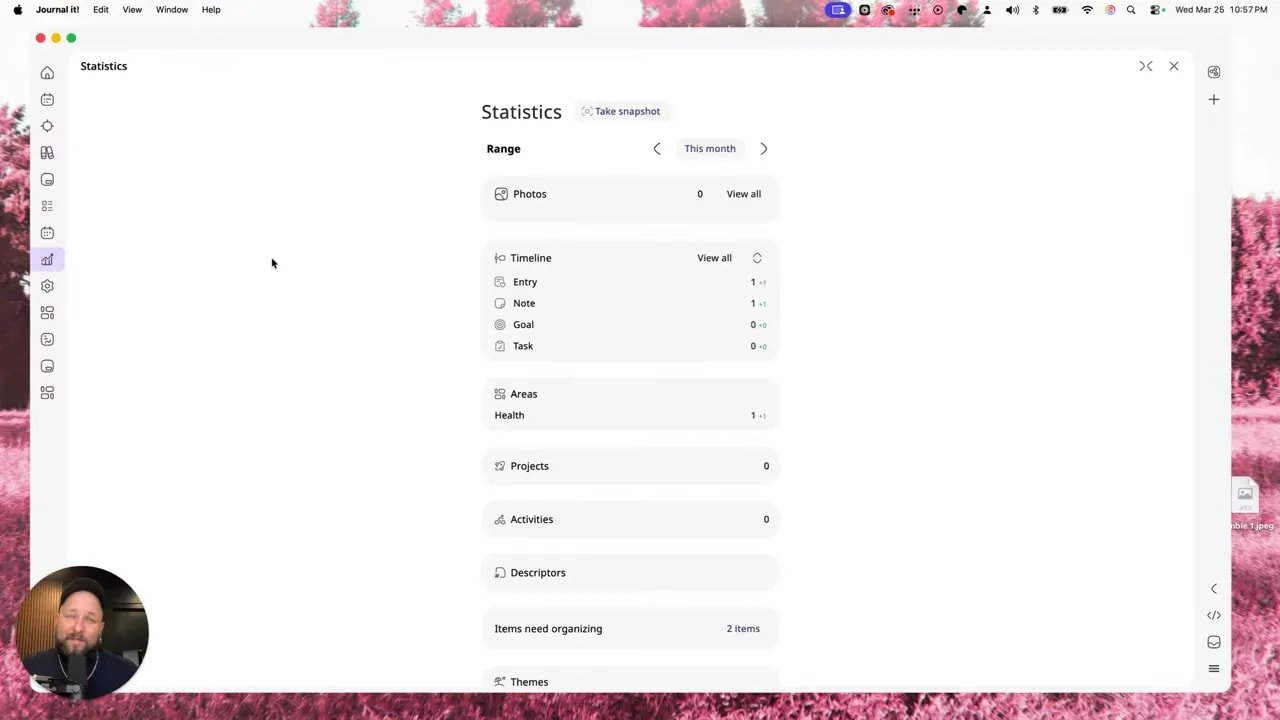 Journal it! Statistics dashboard showing photos, timeline entries, and areas such as Health