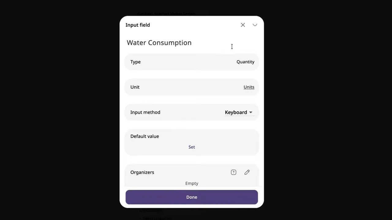 Journal it water consumption input field setup with type, units, and input method