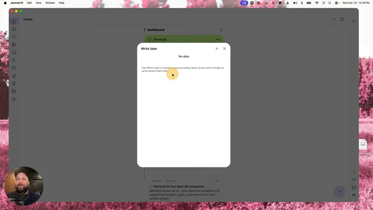 Journal it! Write Later window for saving a new journaling idea without data yet