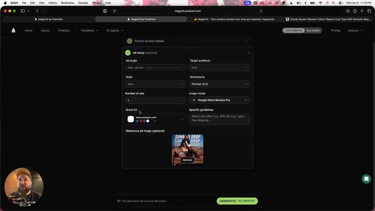 MagicFit ad setup panel with target audience, dimensions, number of ads, and generate button