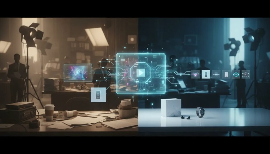 Futuristic illustration showing an AI tool generating marketing creatives from product visuals, replacing a traditional ad agency workflow (no text).