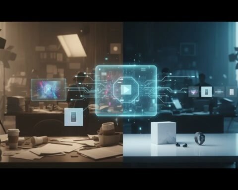 Futuristic illustration showing an AI tool generating marketing creatives from product visuals, replacing a traditional ad agency workflow (no text).