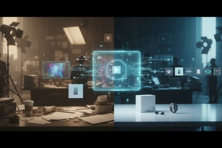 Futuristic illustration showing an AI tool generating marketing creatives from product visuals, replacing a traditional ad agency workflow (no text).