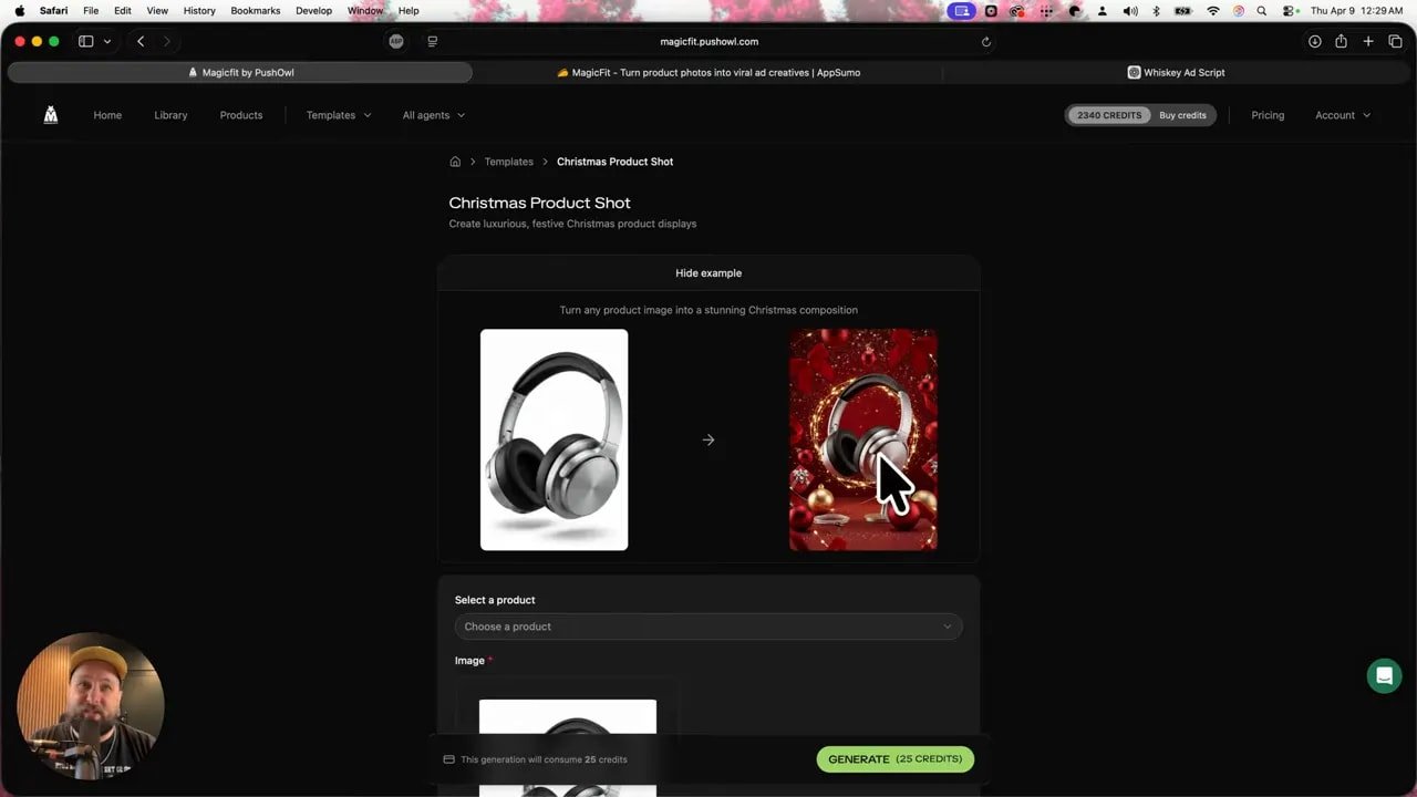 MagicFit Christmas product shot template preview transforming headphones into a festive scene