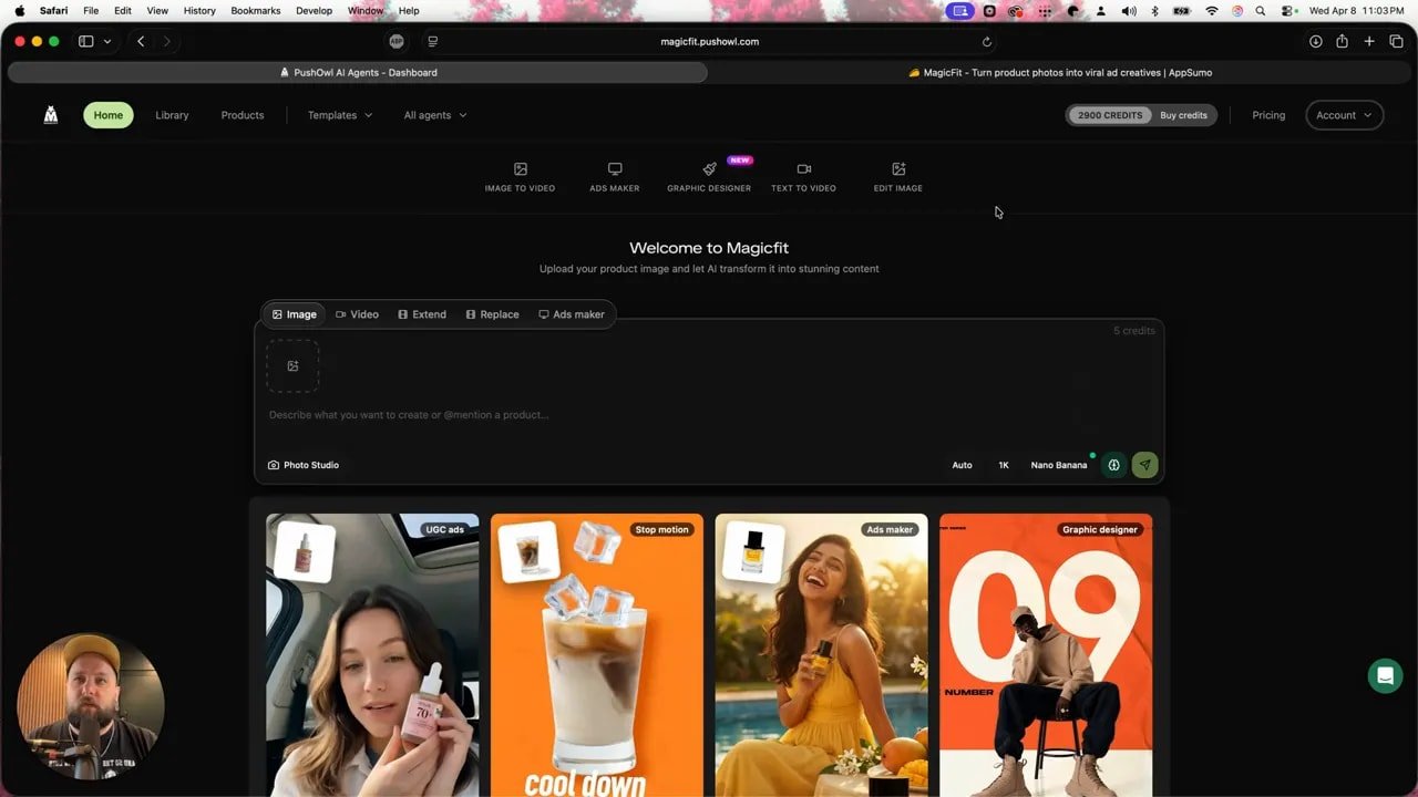 MagicFit dashboard showing ad format options like image-to-video, UGC ads, stop motion, and an ads maker