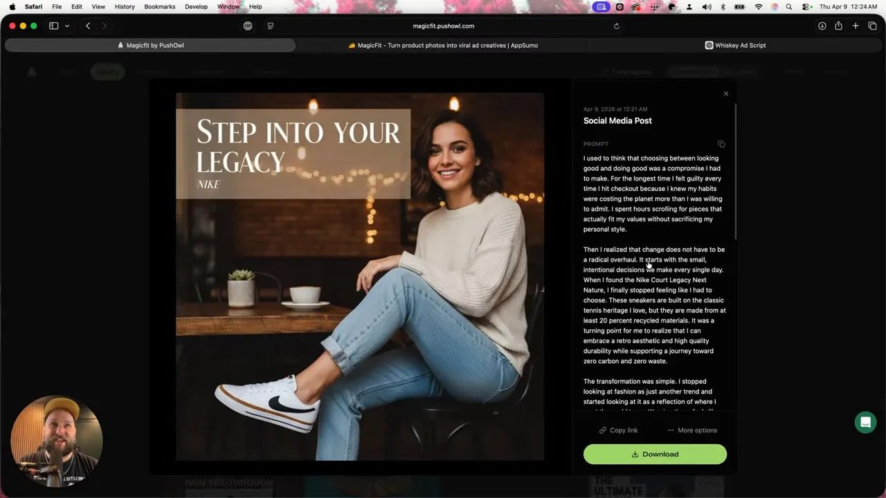 MagicFit generated social media post preview showing product creative and generated text panel