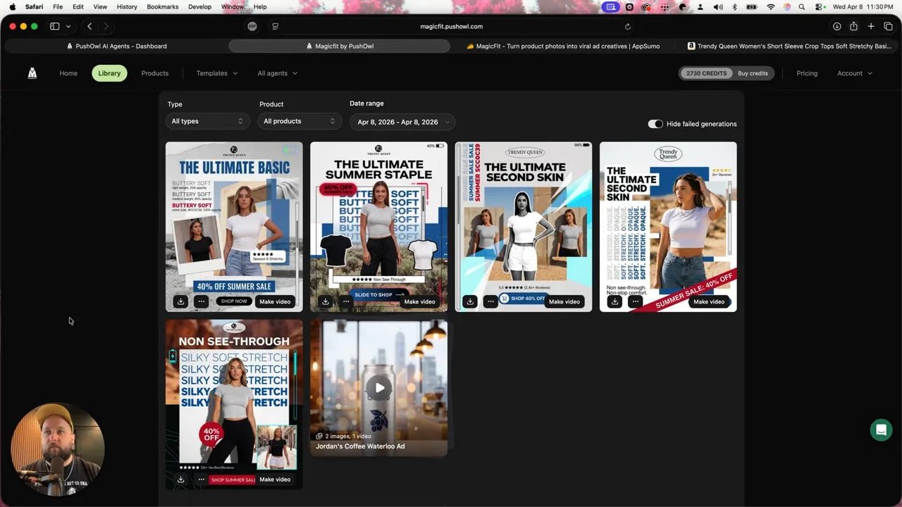 MagicFit library filtered by date range and product in the Ads Maker workflow