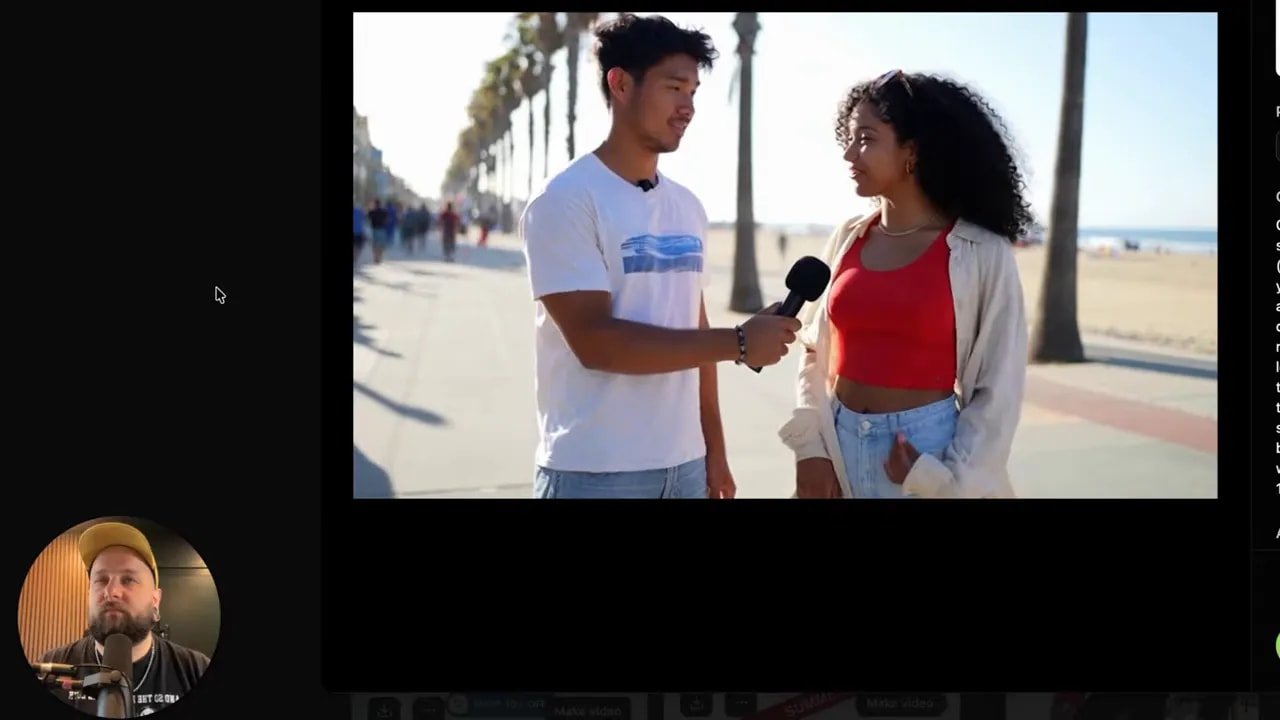 MagicFit generated street interview scene on a sunny beach boardwalk