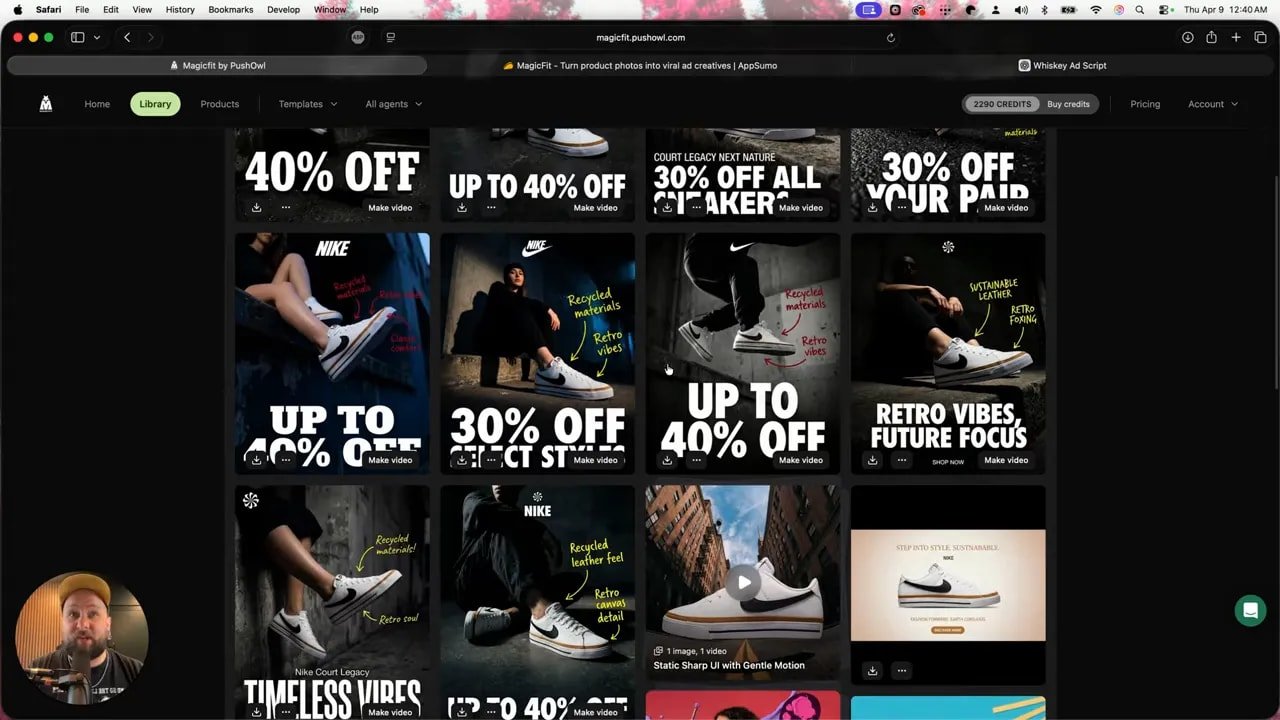 MagicFit template-based sneaker ad variations grid showing multiple discount creatives