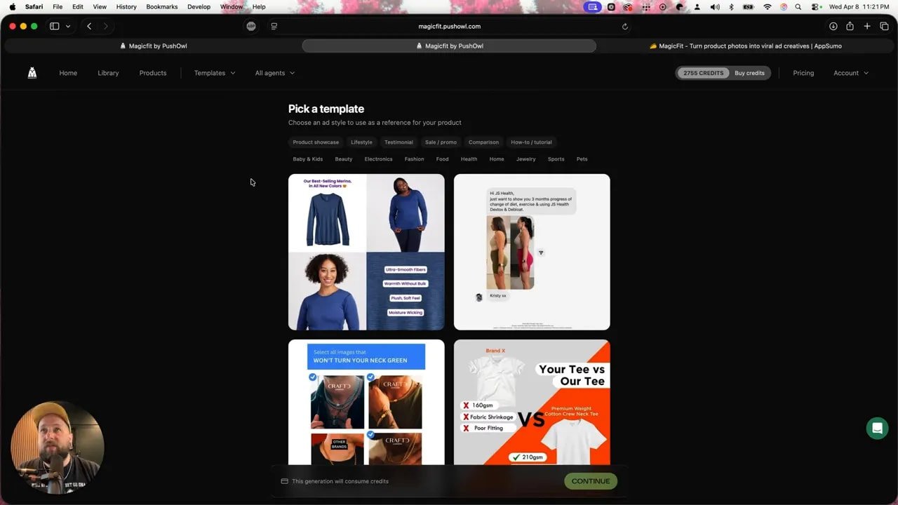 MagicFit template picker showing product ad styles across categories and examples