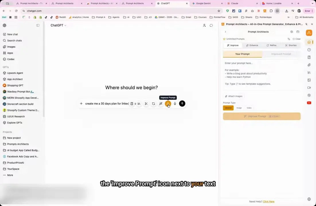 Screenshot of Prompt Architects improving a LinkedIn prompt inside ChatGPT with an improved prompt structure shown