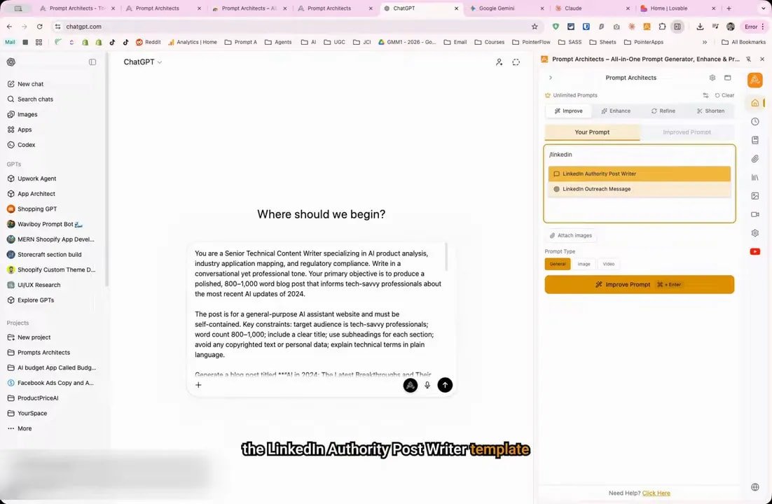Prompt Architects template list showing LinkedIn authority post writer options