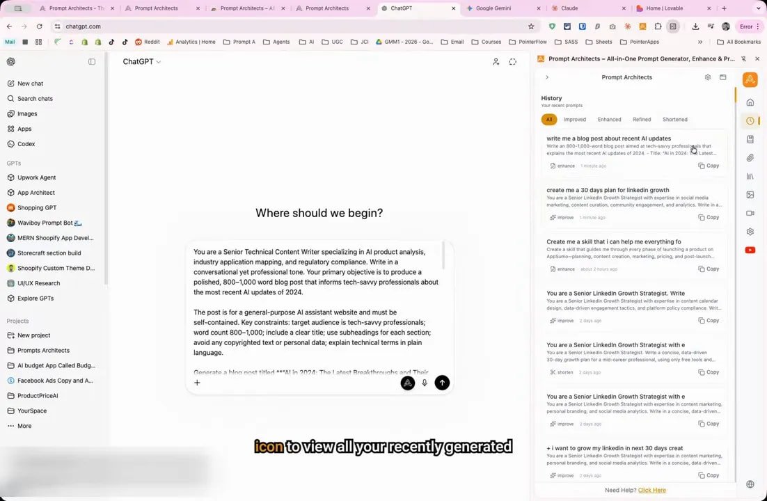 Prompt Architects saved prompt history library showing recently generated prompts in the sidebar