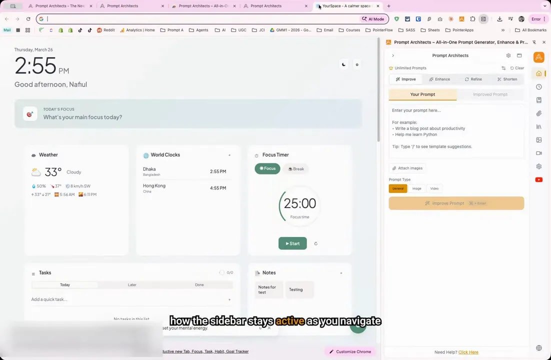 Prompt Architects sidebar remains active while switching between web pages and applications