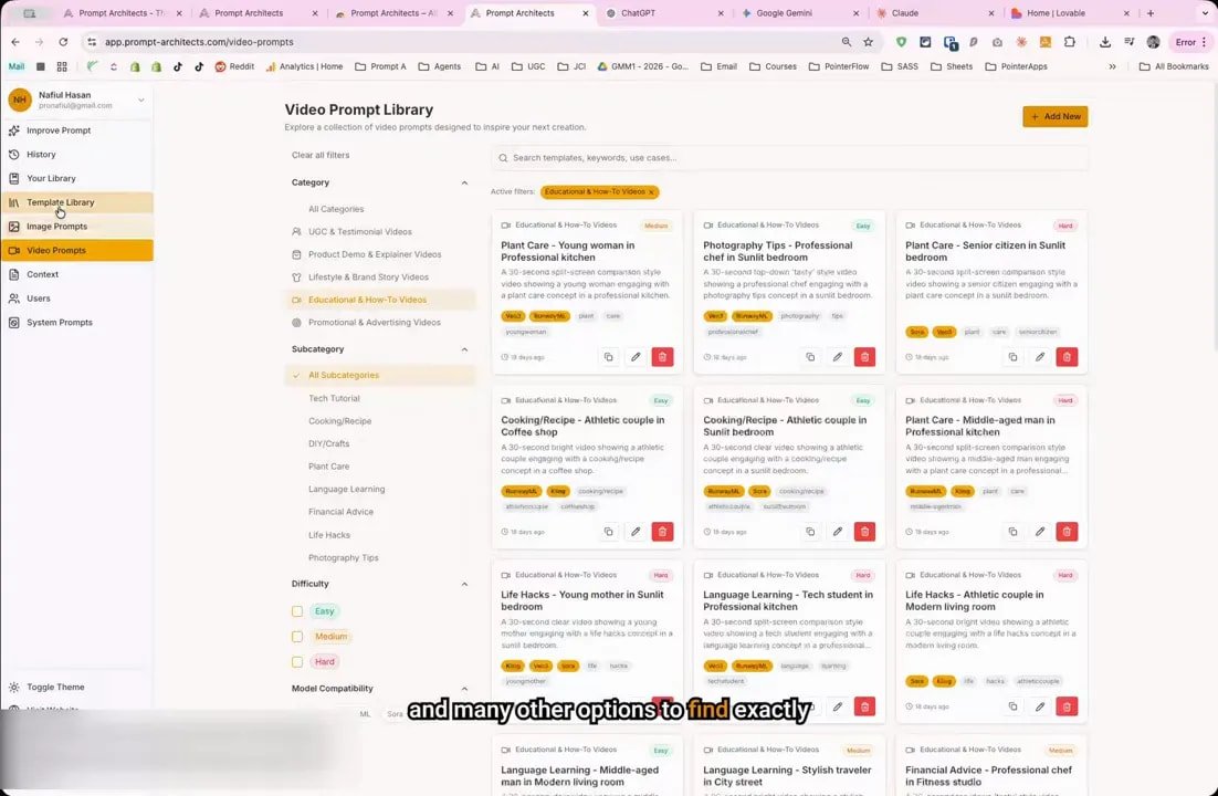 Prompt Architects video prompt library with category filters and visible video prompt cards