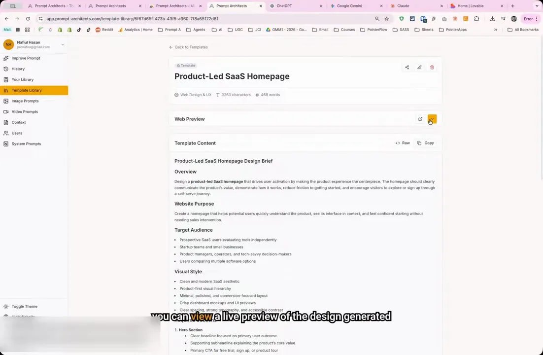 Prompt Architects web app showing a Product-Led SaaS Homepage template with an active Web Preview panel