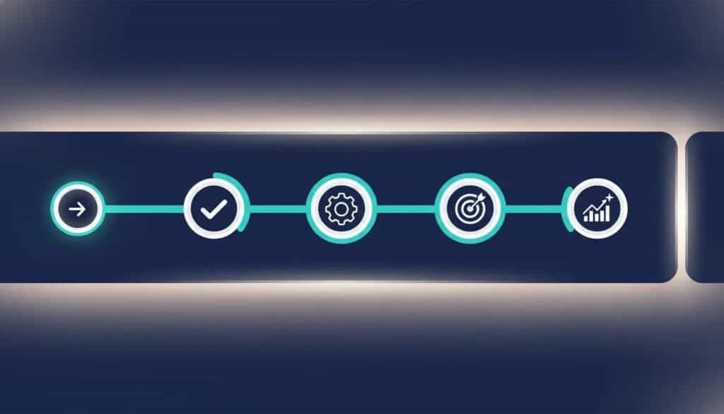 Business process timeline with icons representing steps and progress.