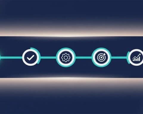 Business process timeline with icons representing steps and progress.