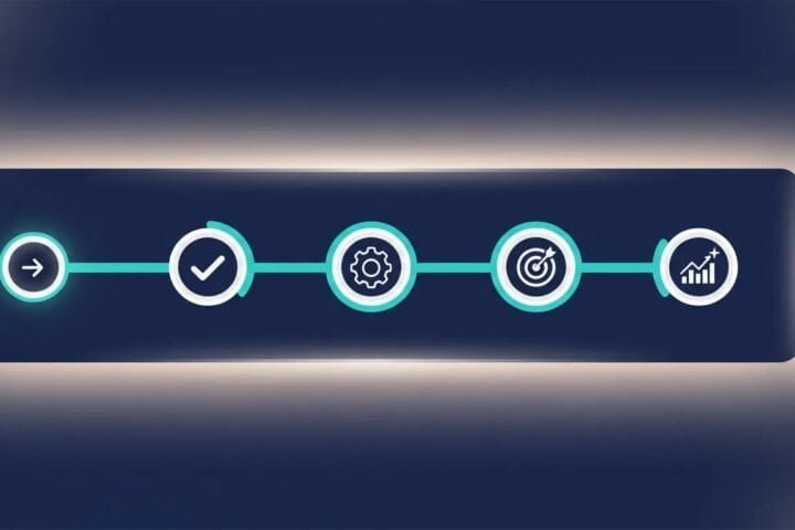 Business process timeline with icons representing steps and progress.