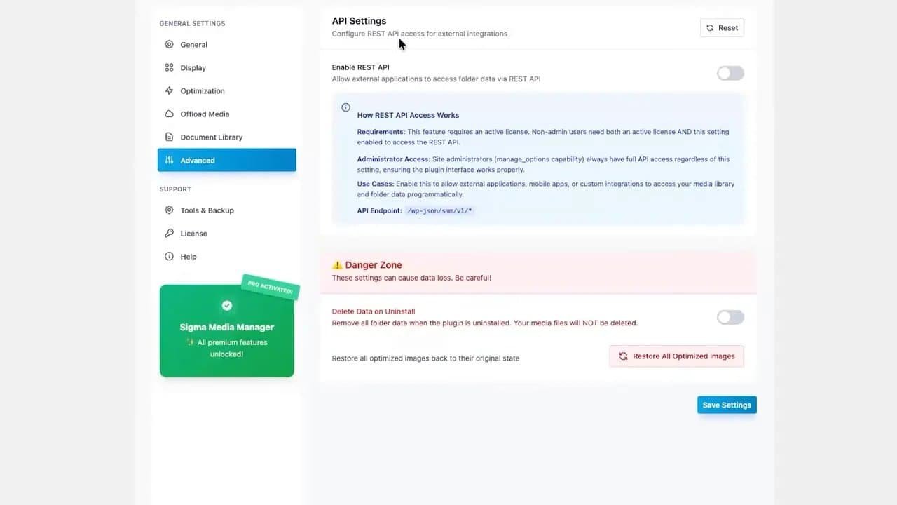 Sigma Media Manager Advanced settings showing REST API access and Danger Zone warnings