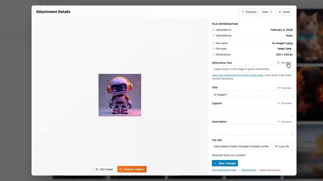 Sigma Media Manager attachment details with AI generate buttons for alternative text, title, caption, and description