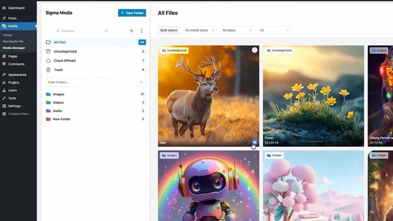 Sigma Media Manager All Files grid with sample media thumbnails and folders including Cloud Offload