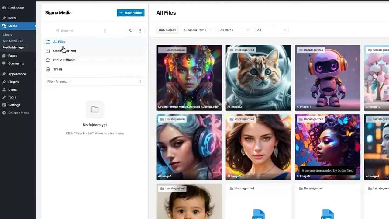 Screenshot of Sigma Media Manager dashboard showing left sidebar sections (All Files, Uncategorized, Cloud Offload, Trash) and All Files grid