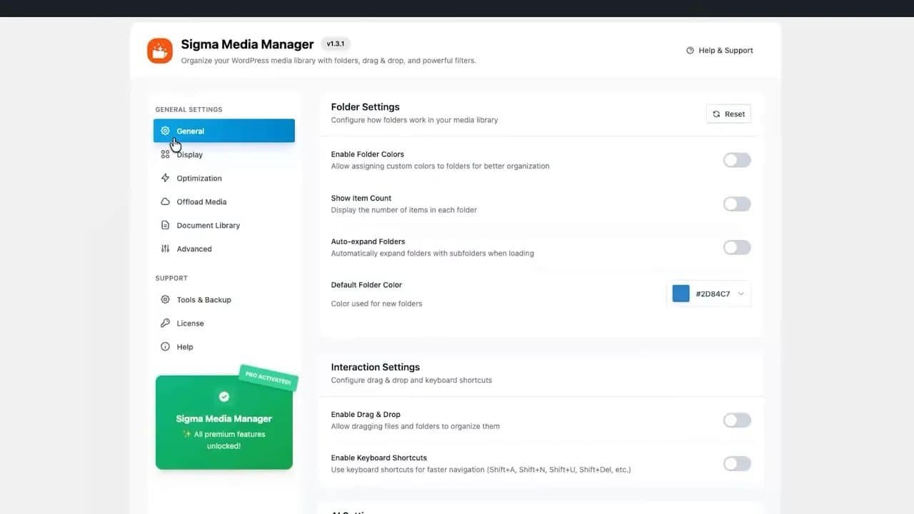 Sigma Media Manager folder settings with toggles for folder colors, item count, and auto-expand