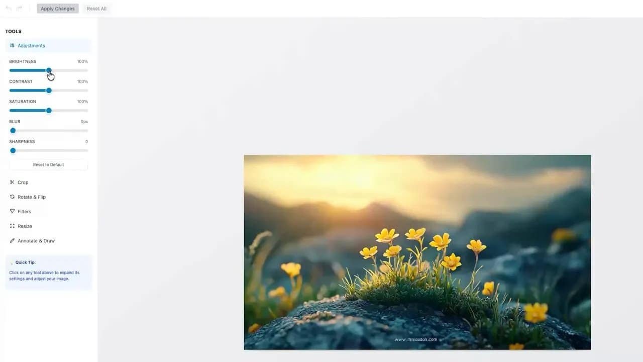 Sigma Media Manager image editor showing adjustments for brightness, contrast, saturation, blur, and sharpness