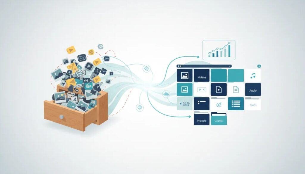 Digital content organization with icons and app interface elements.