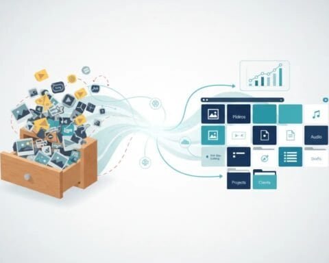 Digital content organization with icons and app interface elements.