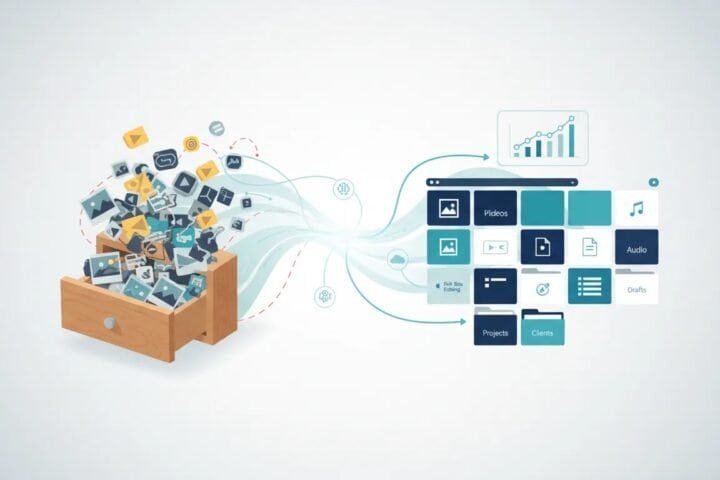 Digital content organization with icons and app interface elements.