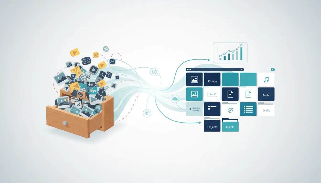 Illustration showing a messy set of WordPress media files transforming into an organized, optimized media library with cloud and AI-style automation cues, with no text.