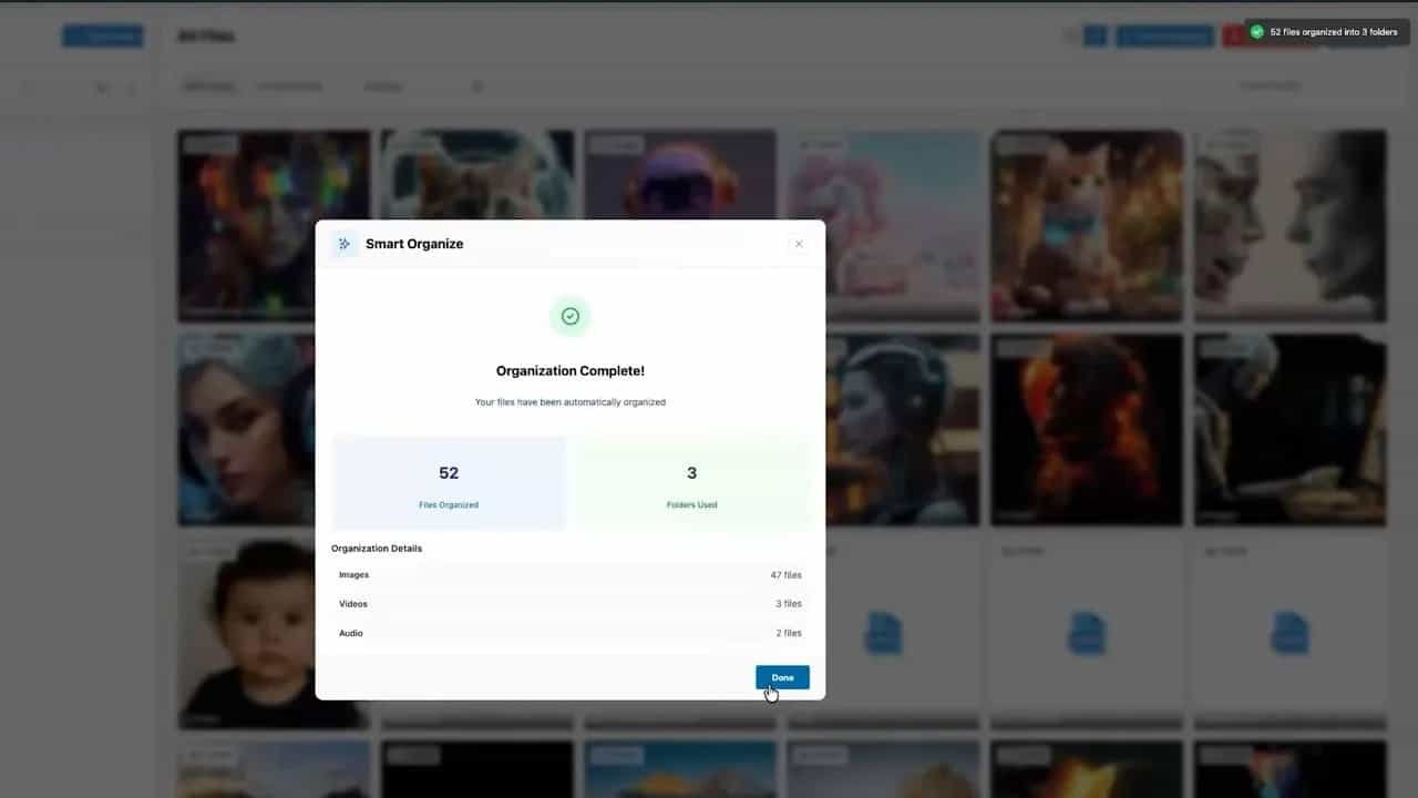 Smart Organize completion screen in Sigma Media Manager showing files organized and folders used