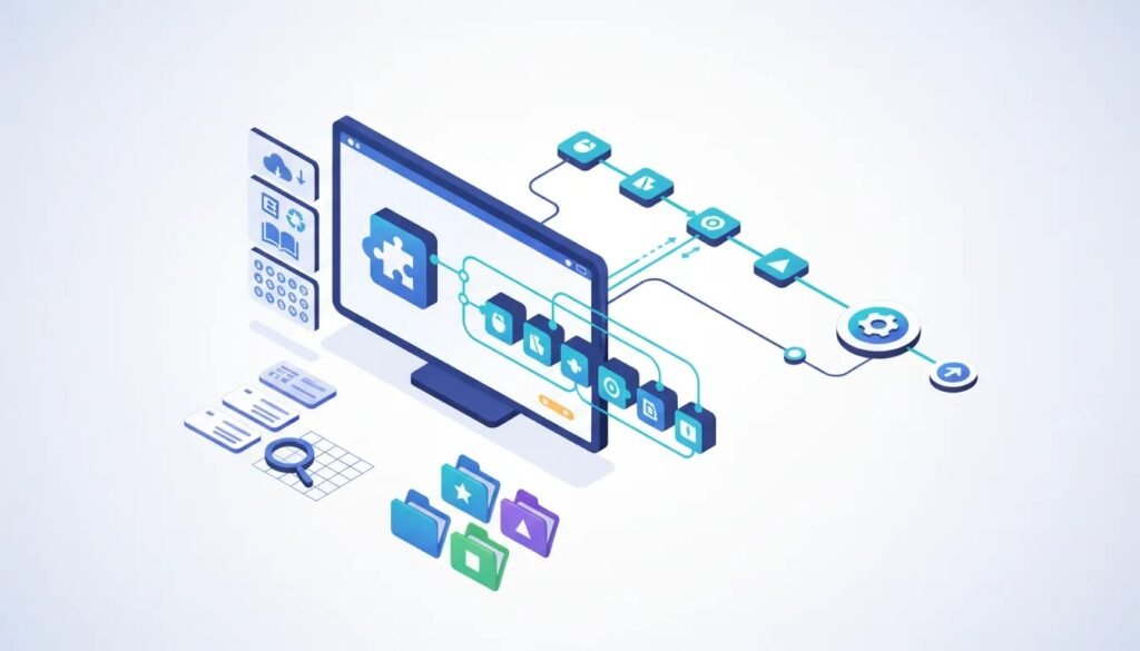Illustration of a structured AI prompt workflow with a sidebar, reusable prompt library, and connected template pipeline—no text.