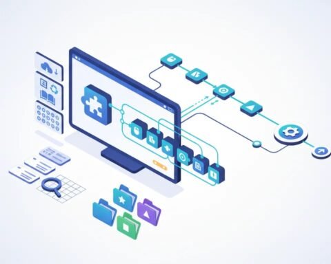 Illustration of a structured AI prompt workflow with a sidebar, reusable prompt library, and connected template pipeline—no text.