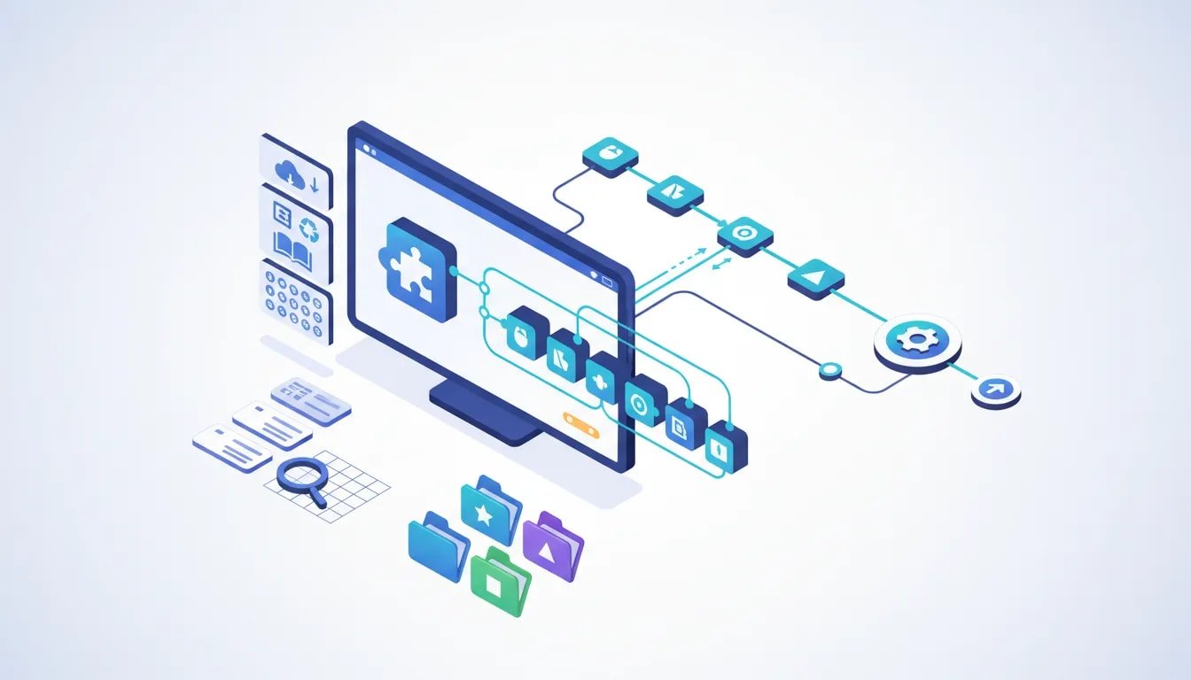 Illustration of a structured AI prompt workflow with a sidebar, reusable prompt library, and connected template pipeline—no text.